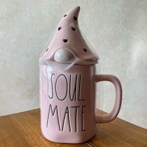 Rae Dunn SOUL MATE Pink Ceramic Coffee Mug w/ Gnome Topper & Hearts Brand New!!